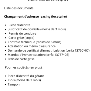 Démarche de carte grise : Changement d'adresse leasing ( locataire )