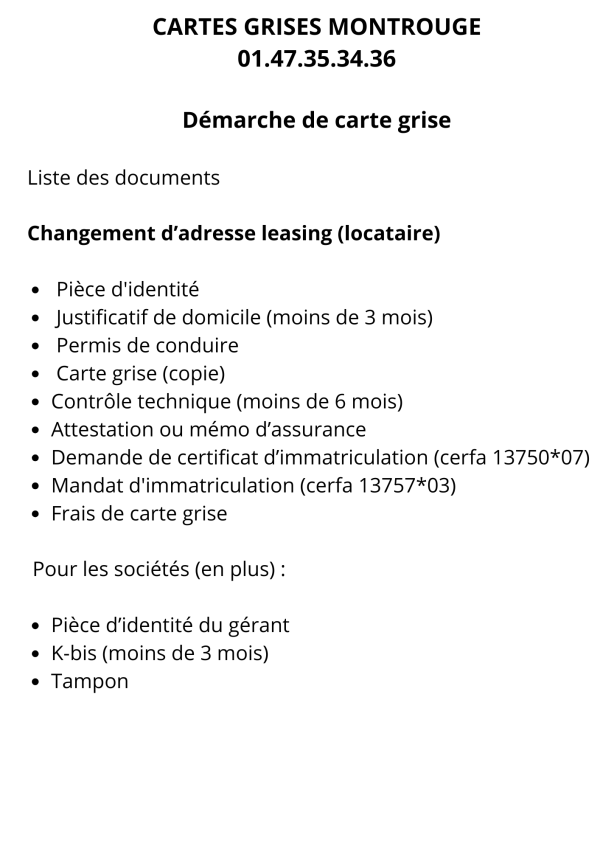Démarche de carte grise : Changement d'adresse leasing ( locataire )