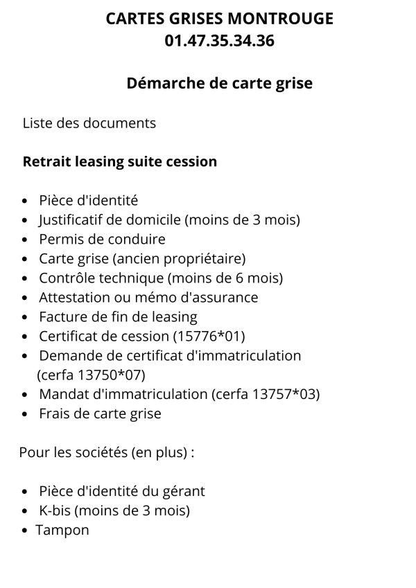 Démarche de carte de grise : Retrait leasing suite cession