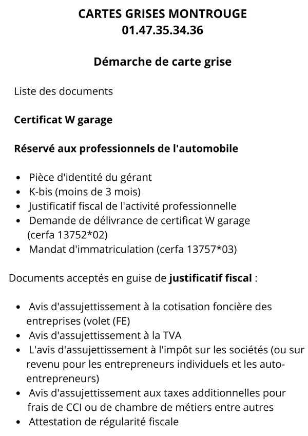 Certificat W garage "réservé aux professionnels de l'automobile"